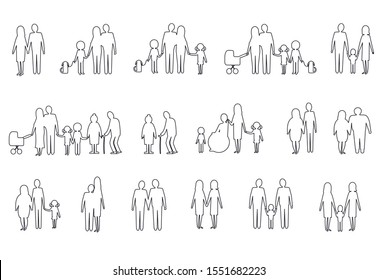 Different types of families. Vector linear contour family icons isolated on white background.