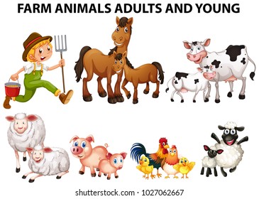 Different types of farm animals with adults and youngs illustration