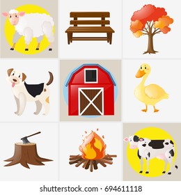 Different types of farm animals and elements illustration