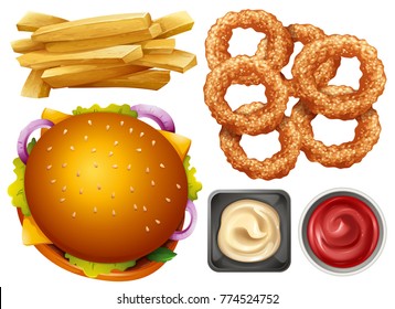 Different types of fastfood on white background illustration