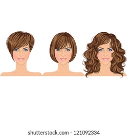 Different types of female brunette hair styles. Women's portraits. Vector illustration, isolated.