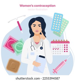 Different types of female contraception. Concept of woman that are thinking about appropriate contraception for her. Doctor is suggesting contraception. Vector illustration.
