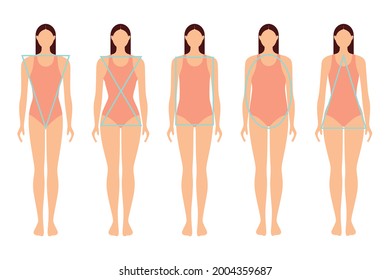 Different types of female figures, five examples. Women's silhouettes, geometric shapes. Vector flat illustration isolated on white background