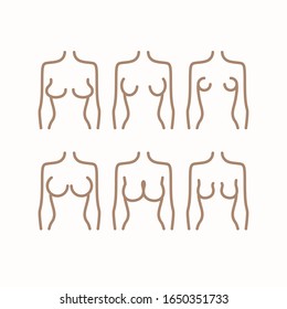 Different types of female figures. Six options for the shape of the female breast. Breast icon concept drawing line icon in modern style. Vector illustration.