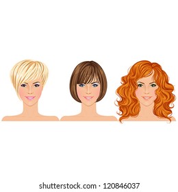 Different Types Of Female Hair Styles And Colors. Women's Portraits. Vector Illustration, Isolated.