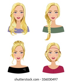 Different types of female hair styles. Set of beautiful young girls with various hairstyle. Women's portraits on a white background.