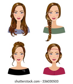 Different types of female hair styles. Set of beautiful young girls with various hairstyle. Women's portraits on a white background.