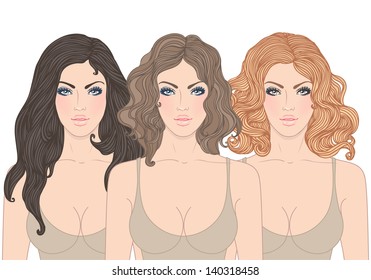 Different Types Of Female Hairstyles For Long Hair. Women's Portraits. Vector Illustration, Isolated On White