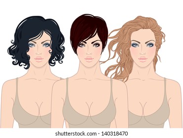 Different Types Of Female Hairstyles For Long Hair. Women's Portraits. Vector Illustration, Isolated On White