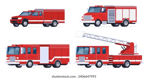 Different types of fire trucks. Rescue in the event of a fire in the house, rescue work. Rescue service in emergency situations. Vector illustration