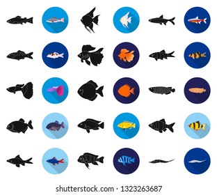 Different types of fish black,flat icons in set collection for design. Marine and aquarium fish vector symbol stock web illustration.