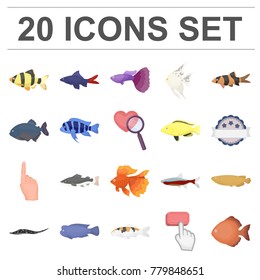 Different types of fish cartoon icons in set collection for design. Marine and aquarium fish vector symbol stock web illustration.