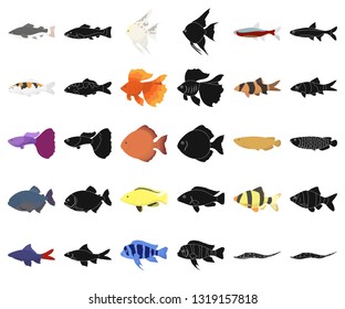 Different types of fish cartoon,black icons in set collection for design. Marine and aquarium fish vector symbol stock web illustration.