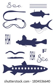 Different Types of Fish Species with Sea text letter. Dark blue vector silhouette illustration.