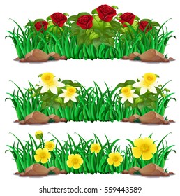 Different types of flowers in bush illustration