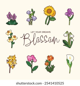 Different types of flowers, each with unique shapes and colors, including sunflowers, lilies, and violets. The background is a light, neutral shade, allowing the colorful flowers to stand out.