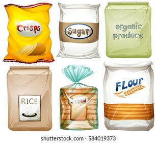 Different types of food in bags illustration