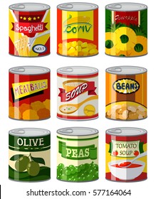 Different types of food in can illustration