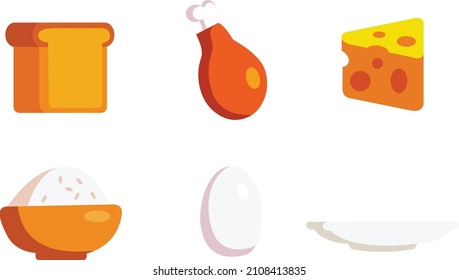 Different types of food icons - icons set for bread, eggs, plates, chicken legs, porridge, cheese