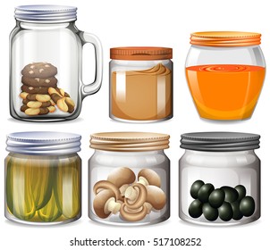Different types of food in jars illustration