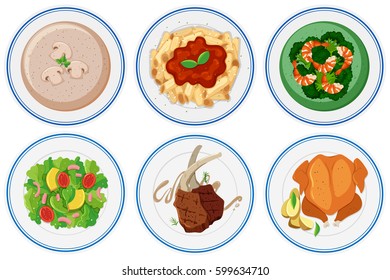 Different types of food on the dish illustration