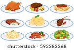 Different types of food on the plates illustration