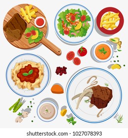 Different types of food on plates illustration