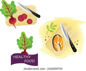 Different types of food on plates illustration Vegetable, fesh and fish salads menu icon Collection of Different Food Set. Delicious Served Food in Dishes. Vector Illustration.