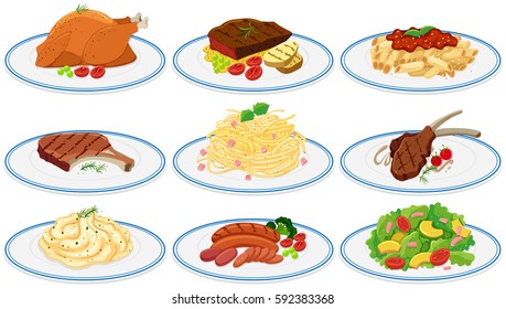 Different types food the plates illustration