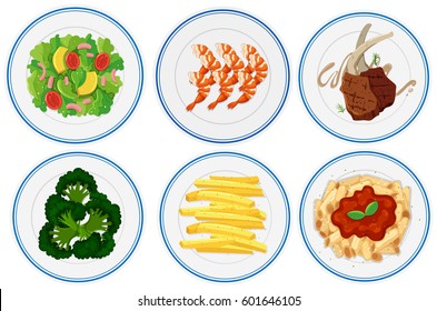 Different Types Of Food On Plates Illustration