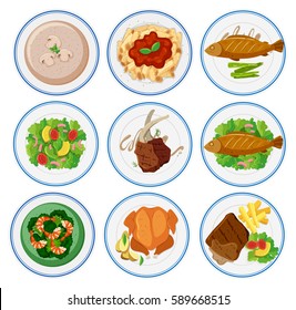 Different types of food on round plates illustration