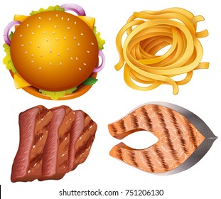 Diferentes tipos de alimentos en la ilustración de fondo blanco