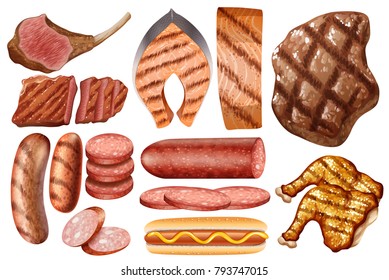 Different types of food on white background illustration