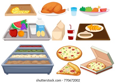 Different types of food on whtie background illustration