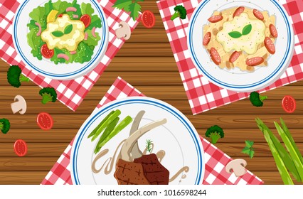 Different types of food on wooden table illustration