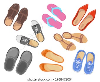 Different types of footwear vector illustrations set. Collection of sport and business shoes, sneakers, pairs of red and brown shoes top view isolated on white background. Fashion, footwear concept