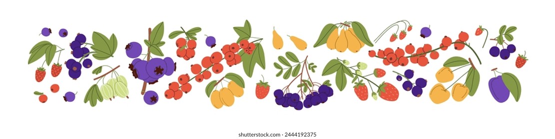 Diferentes tipos de bosque y conjunto de bayas de jardín. Fresa jugosa madura, grosella espinosa, frambuesa con hojas. Ramas de grosella roja silvestre, arándano. Ilustración vectorial plana aislada sobre blanco