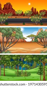 Different types of forest horizontal scenes illustration