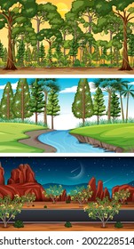 Different types of forest horizontal scenes illustration