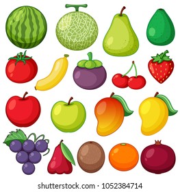 Different types of fresh fruits on white background illustration