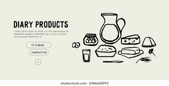 Different types of fresh handmade farm dairy products. Support local farmers banner, flyer, web landing page, poster or placard in charcoal, ink, crayon style. Farmer production sell at local market.