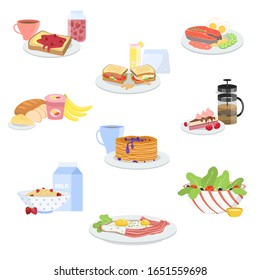 Different types of fresh morning healthy breakfast sets vector illustration