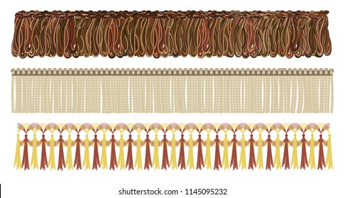 Different types of fringe set, vector illustration. Decoration that fringed clothes, curtain, etc.