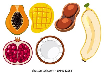 Verschiedene Arten von Früchten, die in Halbgrafik geschnitten werden