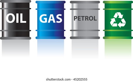 different types of fuels labelled in barrels with reflection