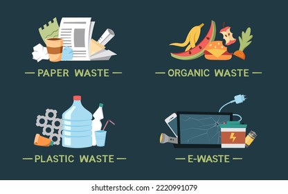 Different types of garbage. Cartoon style vector illustration