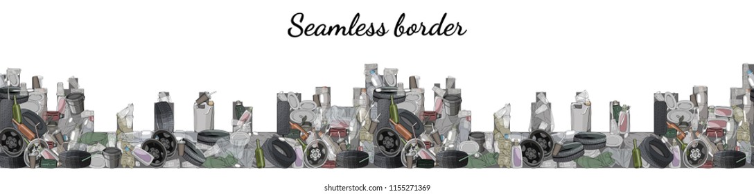 Different types of garbage in the form of skyscrapers. Seamless pattern brush. The concept of ecology.