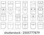 Different types of garment patch pockets pockets flat sketch vector illustration set design