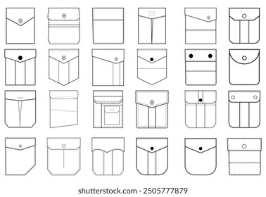 Different types of garment patch pockets pockets flat sketch vector illustration set design