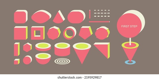 Different types of geometric shapes. 3d vector illustration. Elements for design. Can be used for advertising, marketing or presentation.